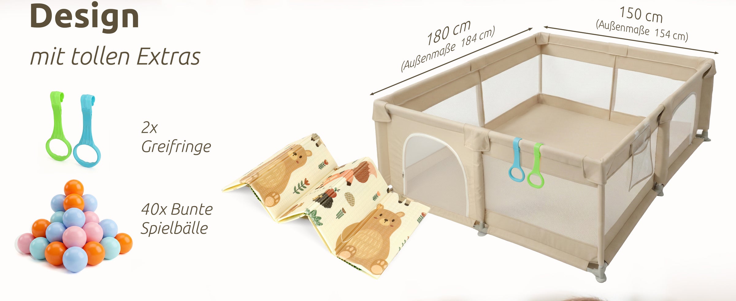 Mallie Laufstall 150×180 cm mit Krabbelmatte