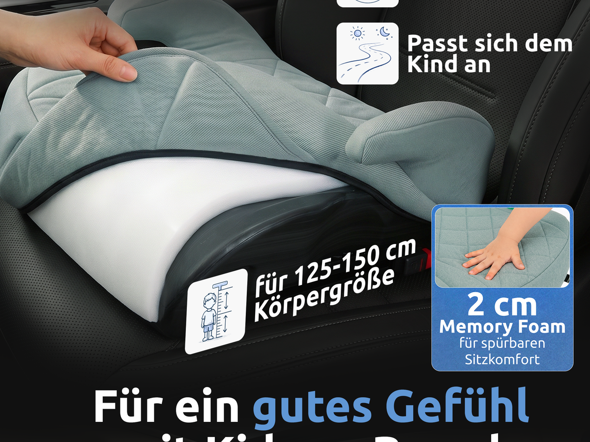 Mallie Booster Kindersitz mit Isofix, 2 cm Memory Foam, geeignet für 125 bis 150 cm