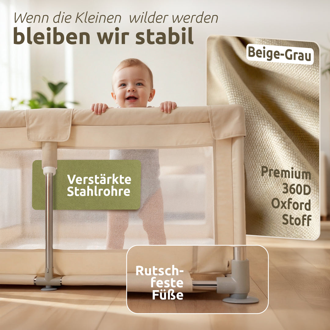 Mallie Laufstall mit verstärkten Stahlrohren und rutschfesten Füßen, Baby hält sich am Rand fest