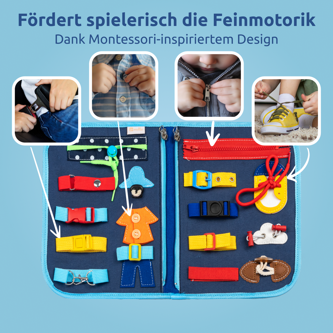 Mallie Busy Board mit Schnalle, Knopf, Reißverschluss und Schnürsenkel