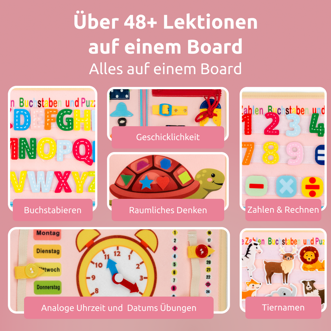 Mallie Busy Board mit Buchstaben, Zahlen, Formen, Uhr und Tiernamen