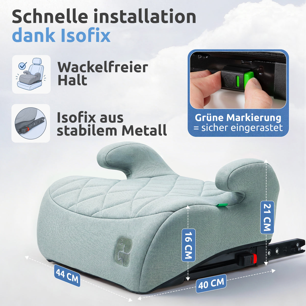 Mallie Booster Sitzerhöhung mit Isofix, stabile Metall Konnektoren mit grüner Einrast Anzeige 