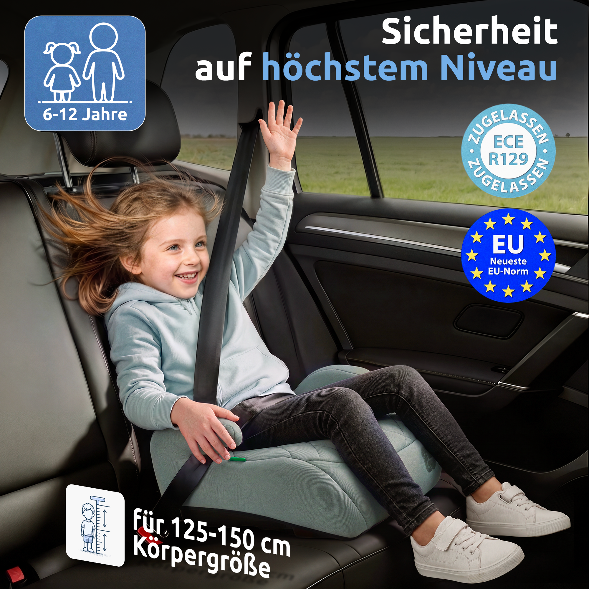 Kind sicher angeschnallt auf dem Mallie Booster, zugelassen nach ECE R129 und aktueller EU Norm, für 125 bis 150 cm 