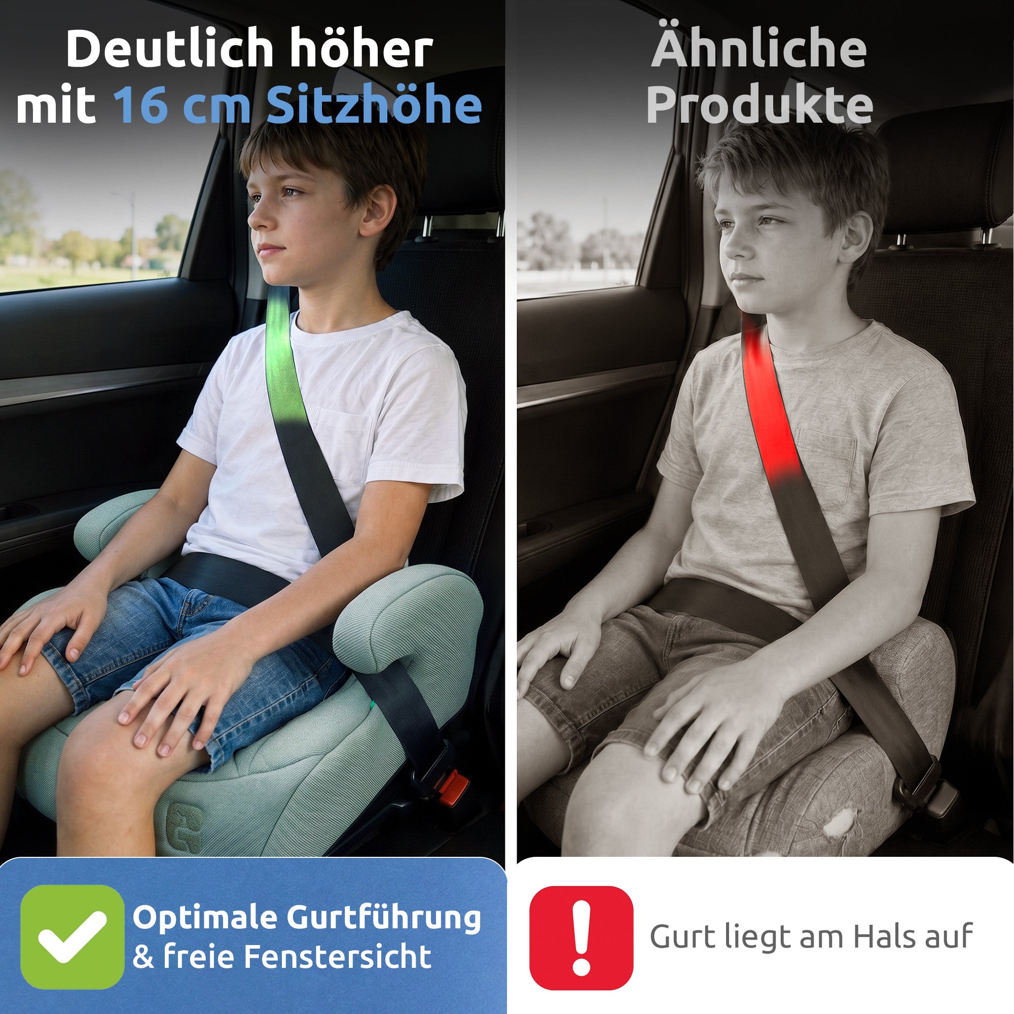 Vergleich: der Mallie Booster mit 16 cm Sitzhöhe führt den Gurt optimal, ähnliche Produkte lassen den Gurt am Hals aufliegen 