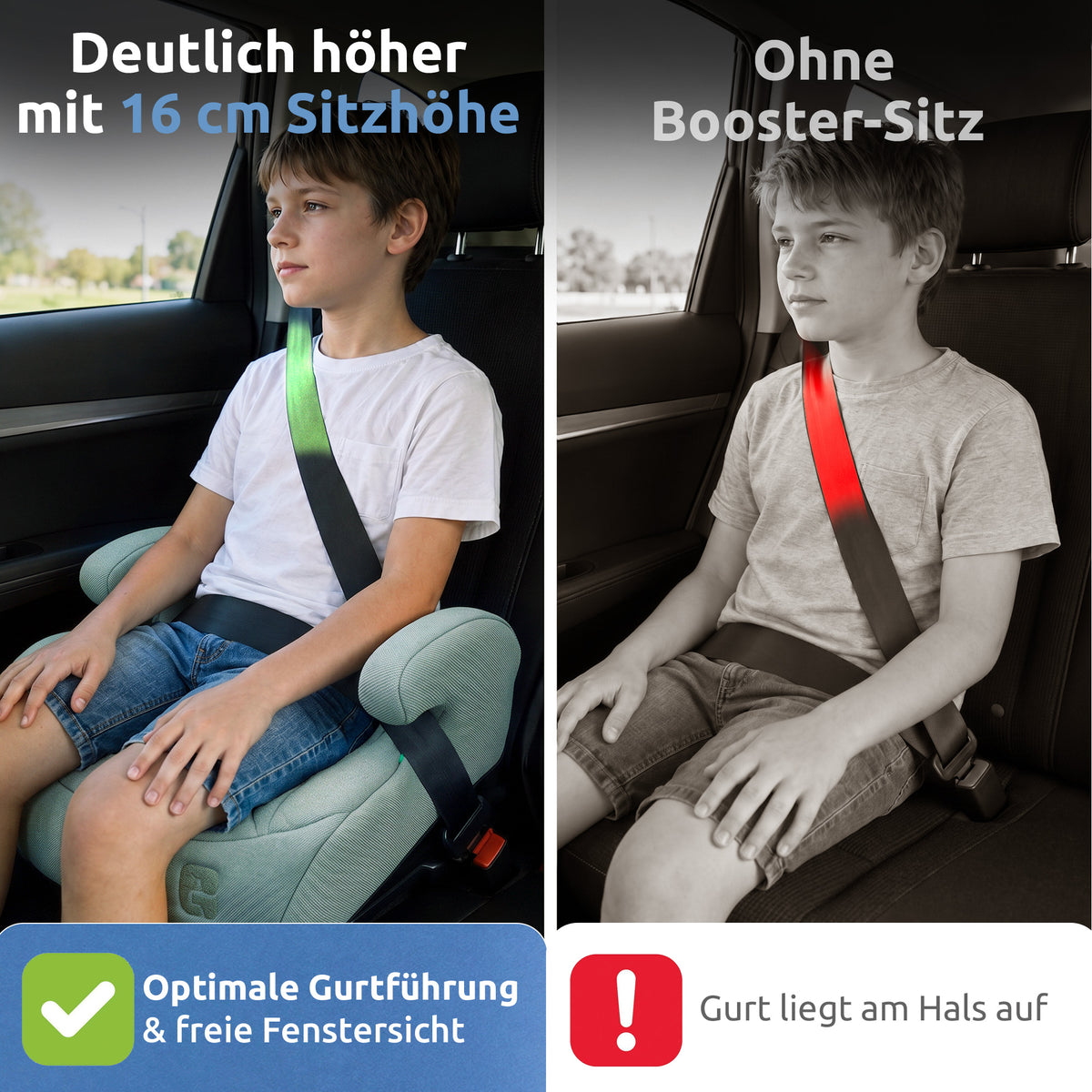 Vergleich: der Mallie Booster mit 16 cm Sitzhöhe führt den Gurt optimal, ohne Boostersitz liegt der Gurt am Hals auf 