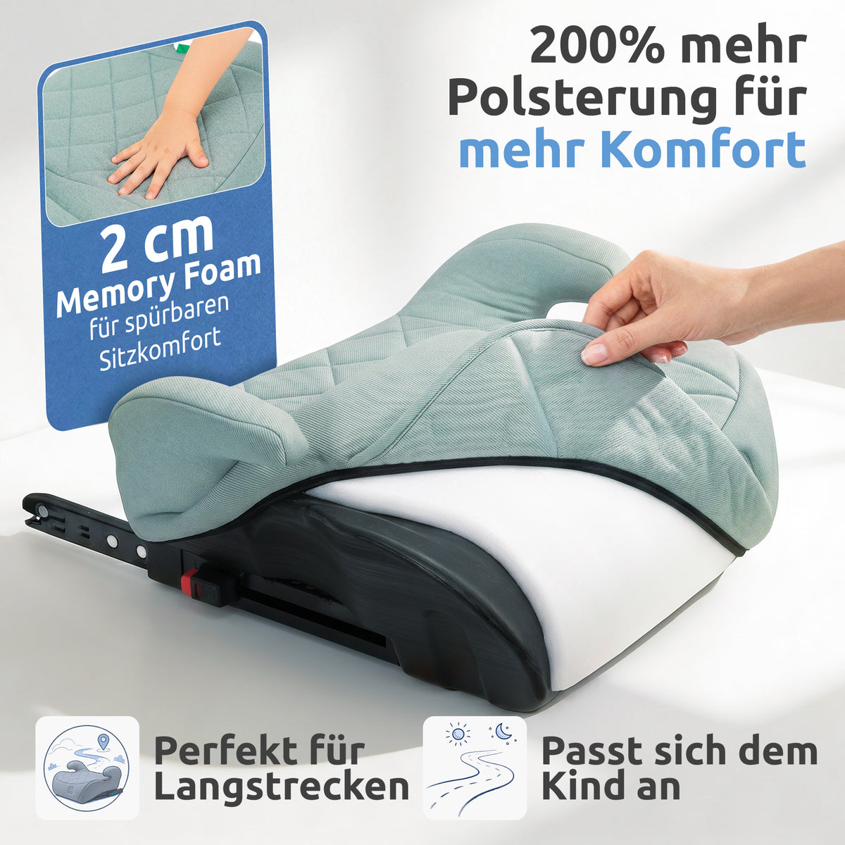 Mallie Booster mit Isofix, 2 cm Memory Foam Polsterung für spürbaren Sitzkomfort 