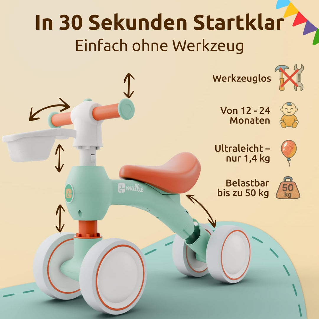 Mallie Laufrad ab 1 Jahr mit den Eckdaten zu Aufbau, Alter und Gewicht