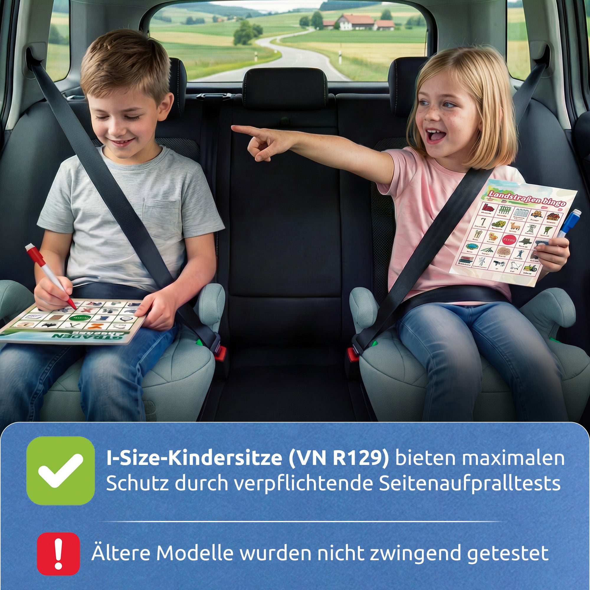 Zwei Kinder auf i-Size Kindersitzen nach ECE R129 mit verpflichtenden Seitenaufpralltests, ältere Modelle wurden nicht zwingend getestet 