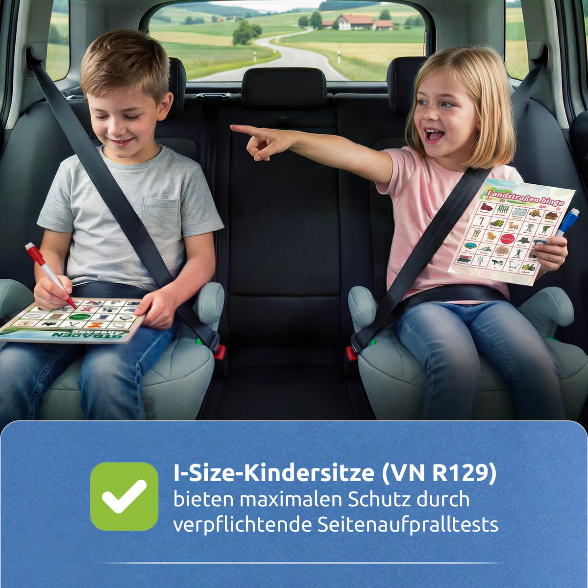 Zwei Kinder auf i-Size Kindersitzen nach ECE R129 mit verpflichtenden Seitenaufpralltests 