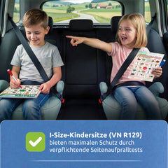 Zwei Kinder auf i-Size Kindersitzen nach ECE R129 mit verpflichtenden Seitenaufpralltests 