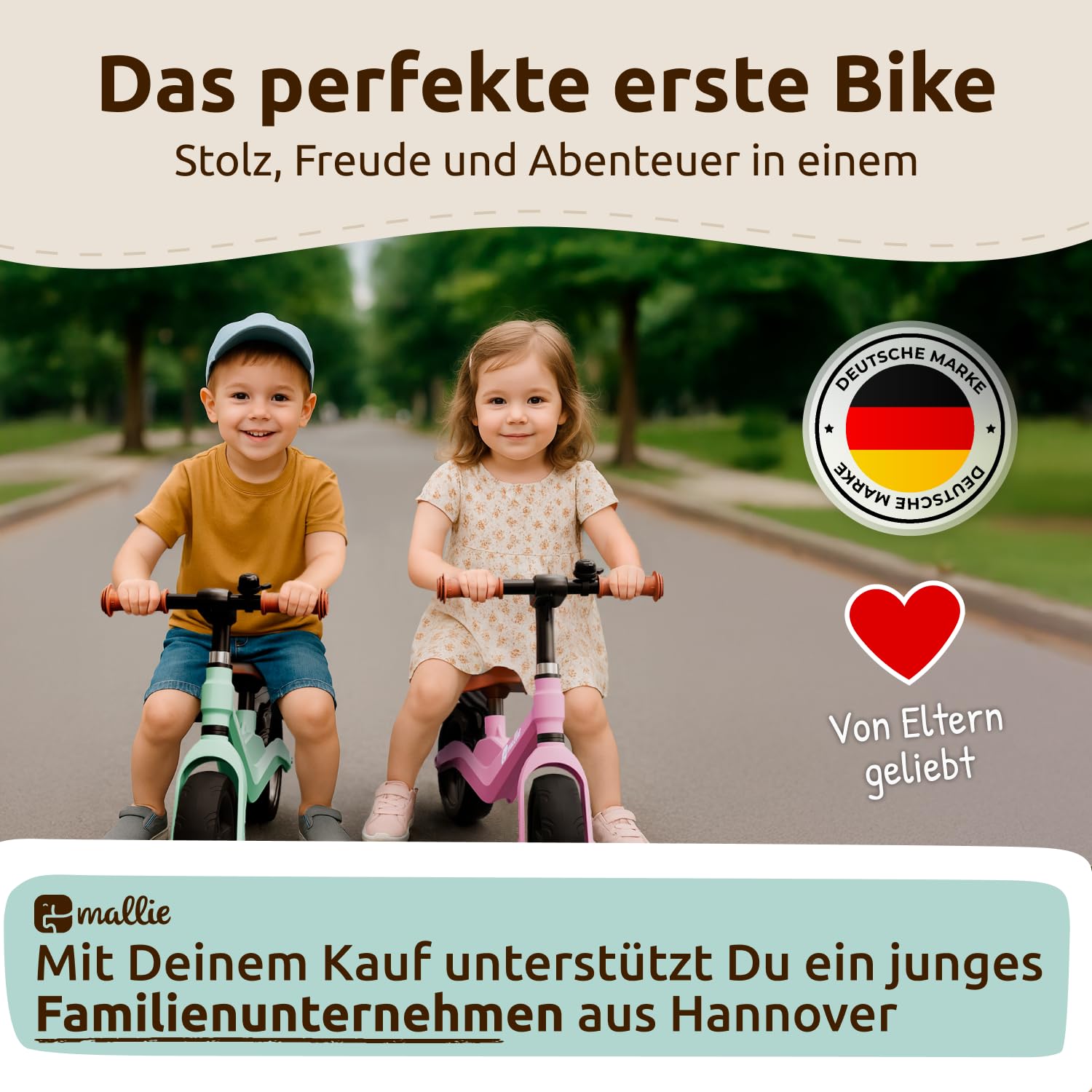 Mallie Laufrad ab 2 Jahre, alle vier Farben in der Uebersicht