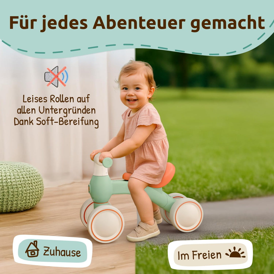 Kind fährt leise auf dem Mallie Laufrad, zu Hause und im Freien