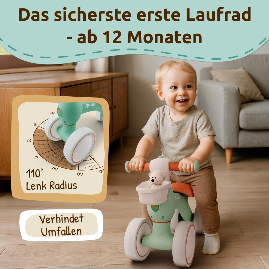 Kleines Kind fährt auf dem Mallie Laufrad mit vier Rädern, Hinweis verhindert Umfallen