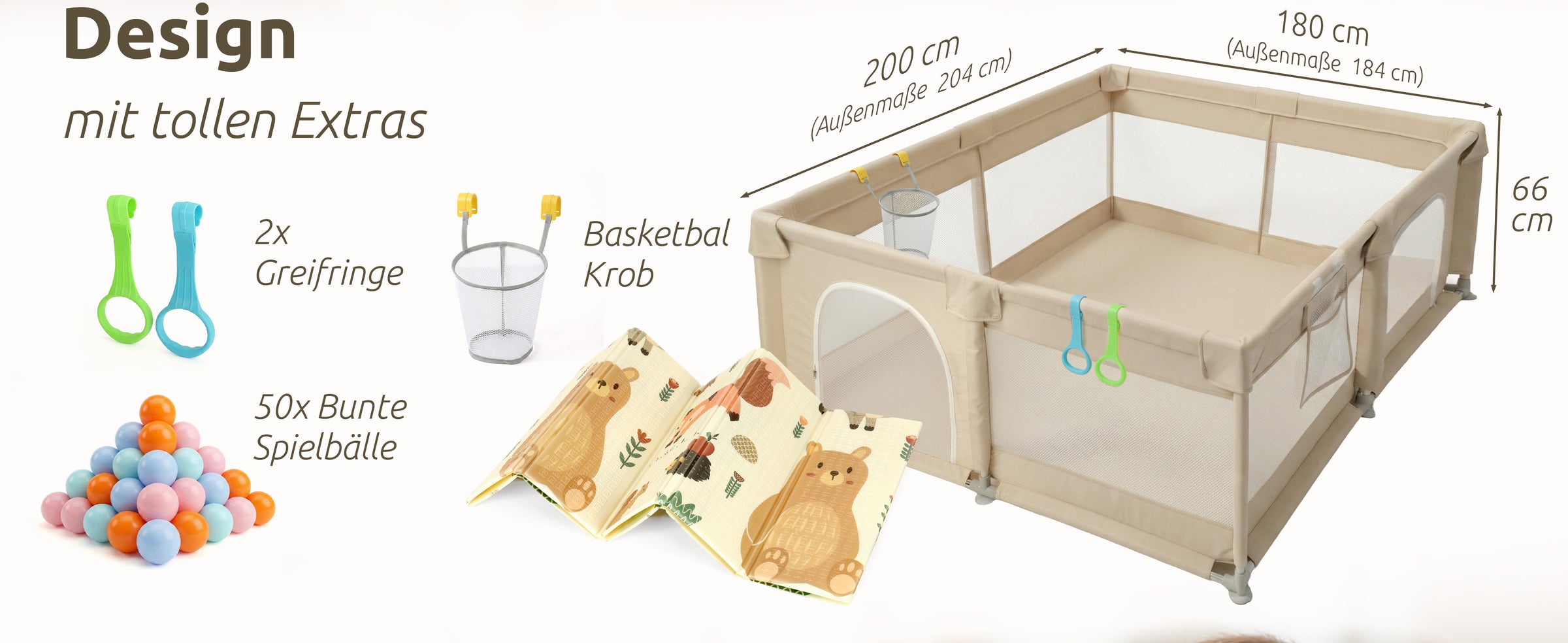 Mallie Laufstall 180×200 cm mit Krabbelmatte