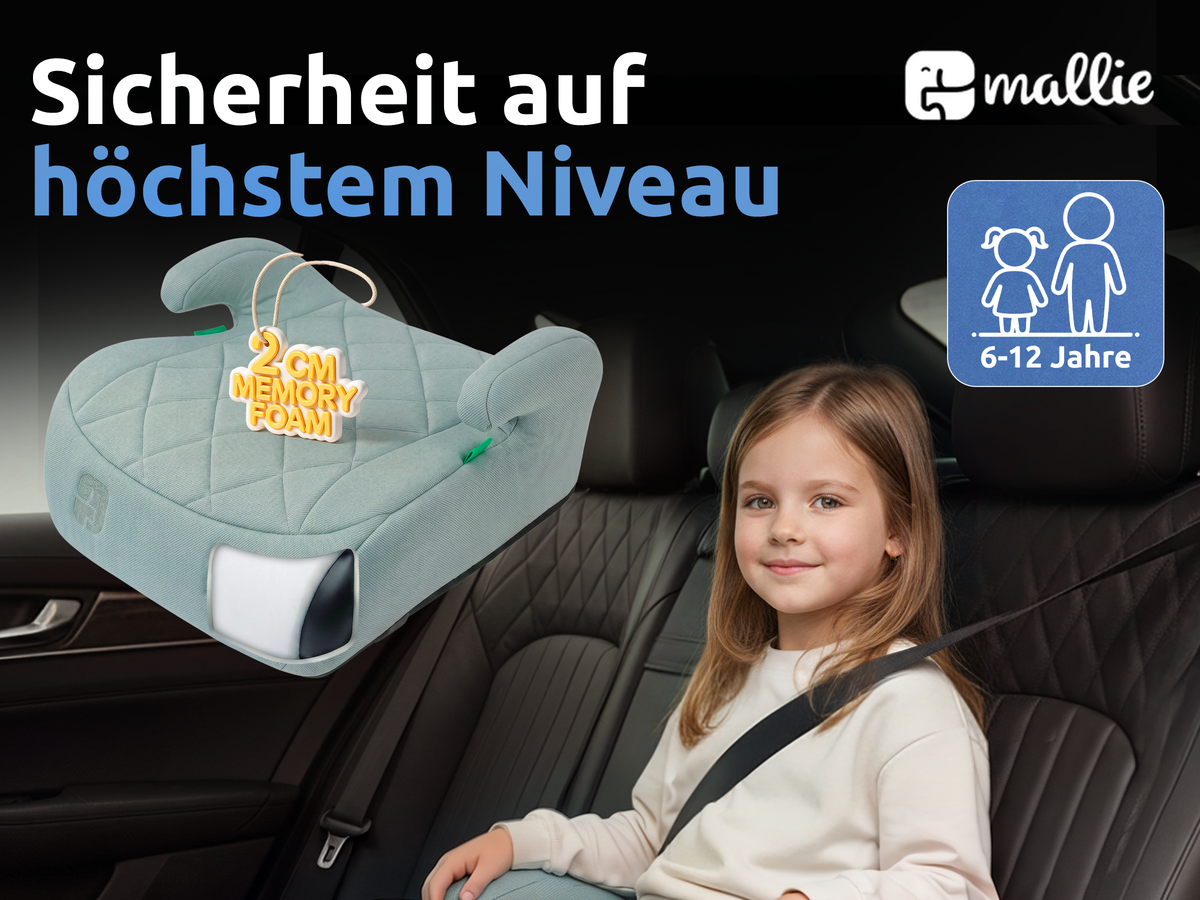 Mallie Booster Kindersitz ohne Isofix, Sicherheit auf höchstem Niveau mit 2 cm Memory Foam