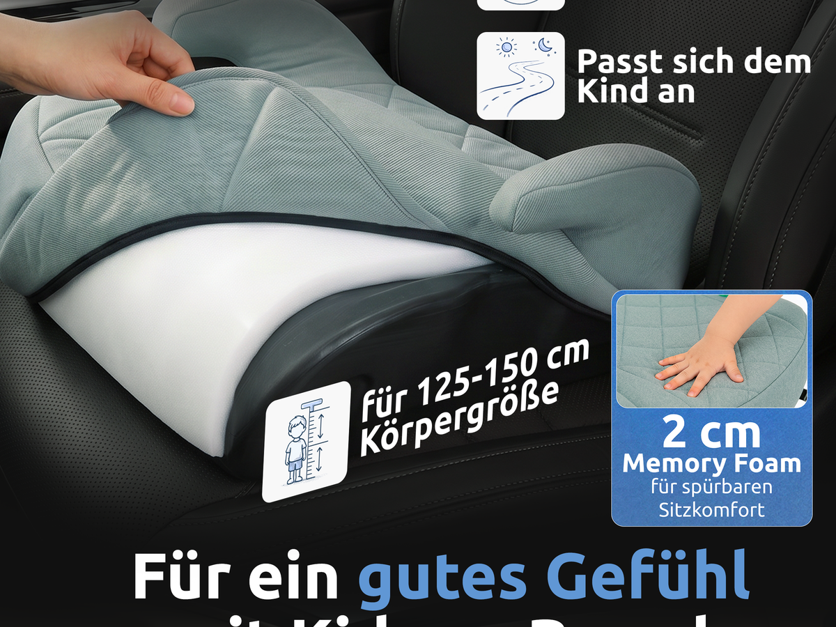 Mallie Booster Kindersitz ohne Isofix, 2 cm Memory Foam, geeignet für 125 bis 150 cm