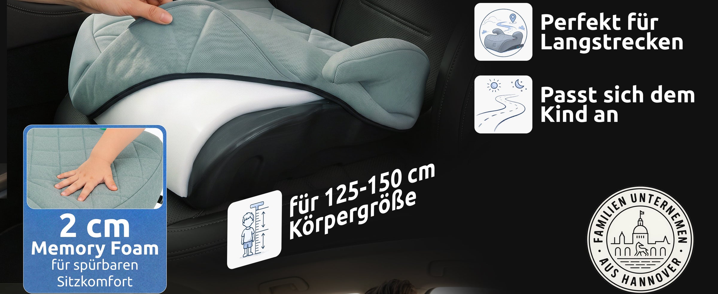Mallie Booster Kindersitz ohne Isofix, 2 cm Memory Foam, geeignet für 125 bis 150 cm