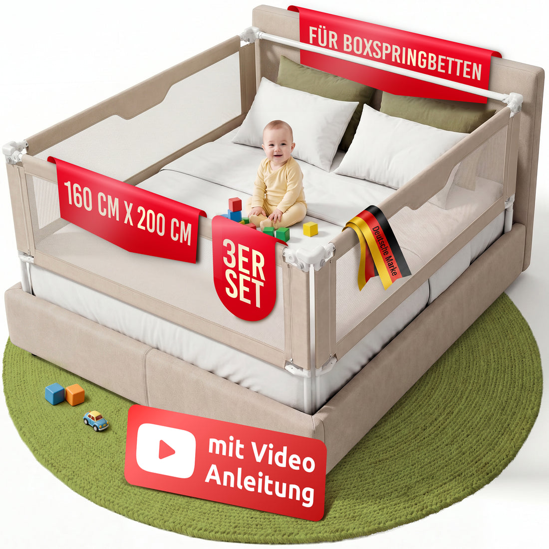 Bettgitter Set 3 Seiten für Boxspringbetten und Lattenrost Betten