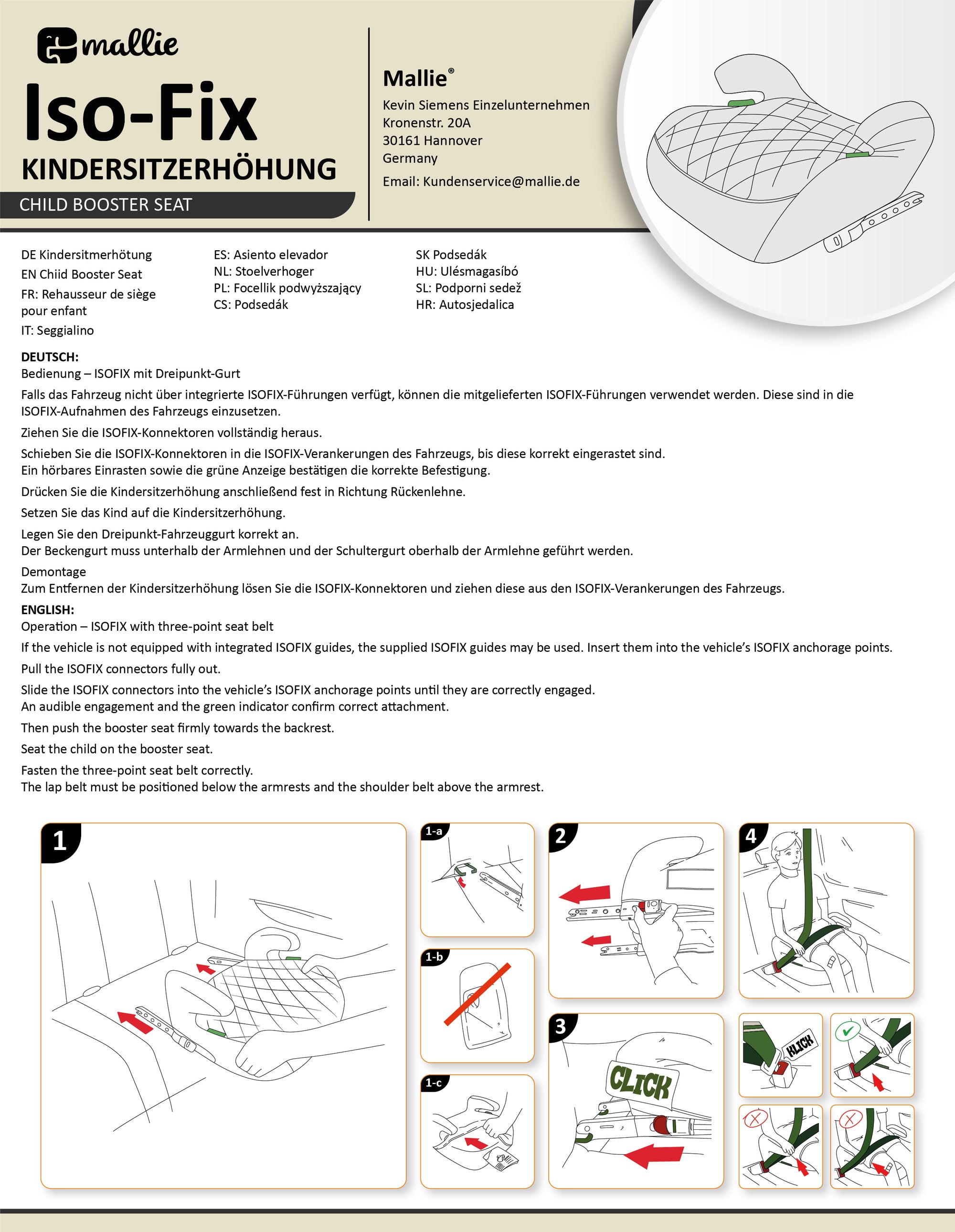 Isofix Konnektor der Mallie Sitzerhoehung in Nahaufnahme, gruene Verriegelungsanzeige