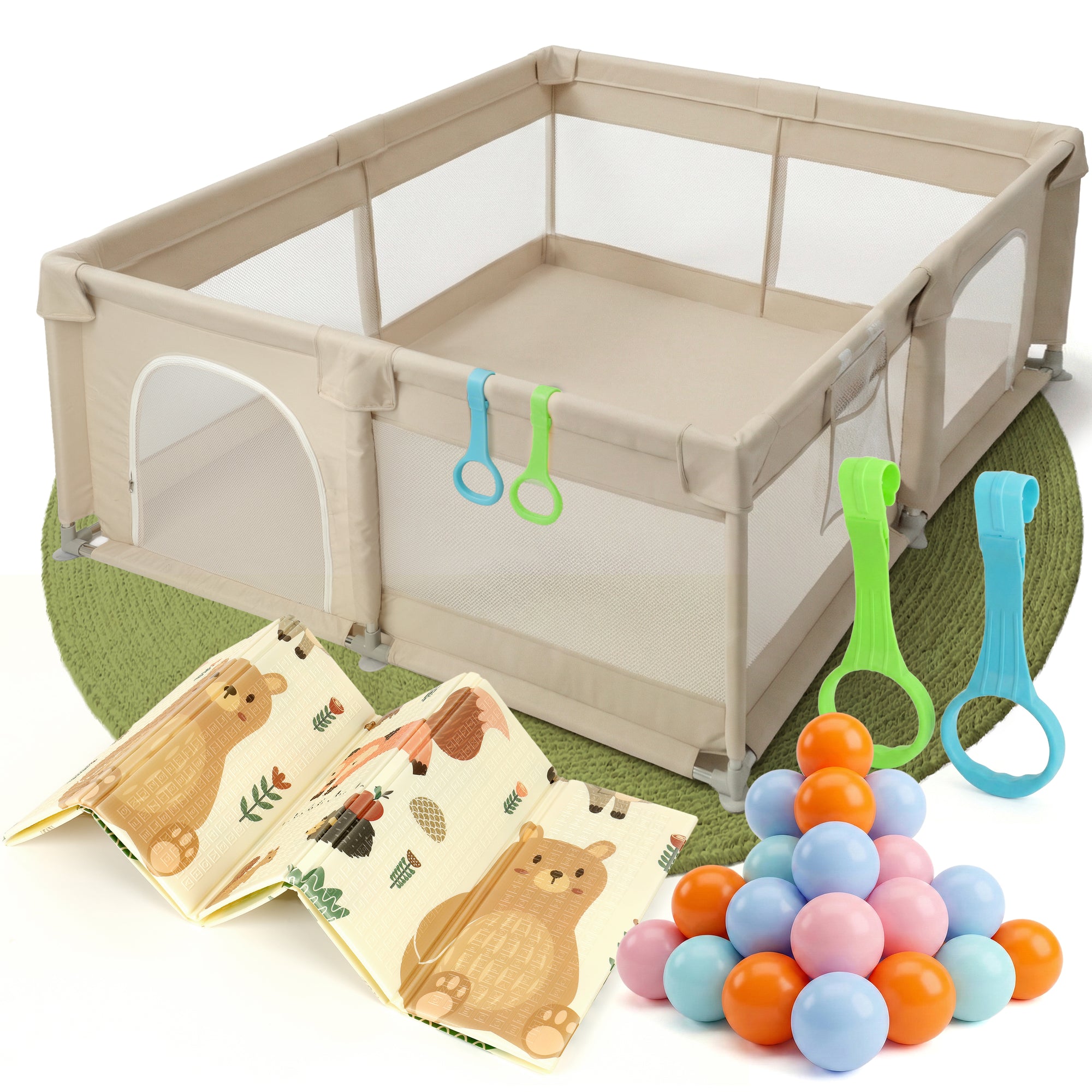Mallie Laufstall in Beige mit Krabbelmatte und Spielbaellen