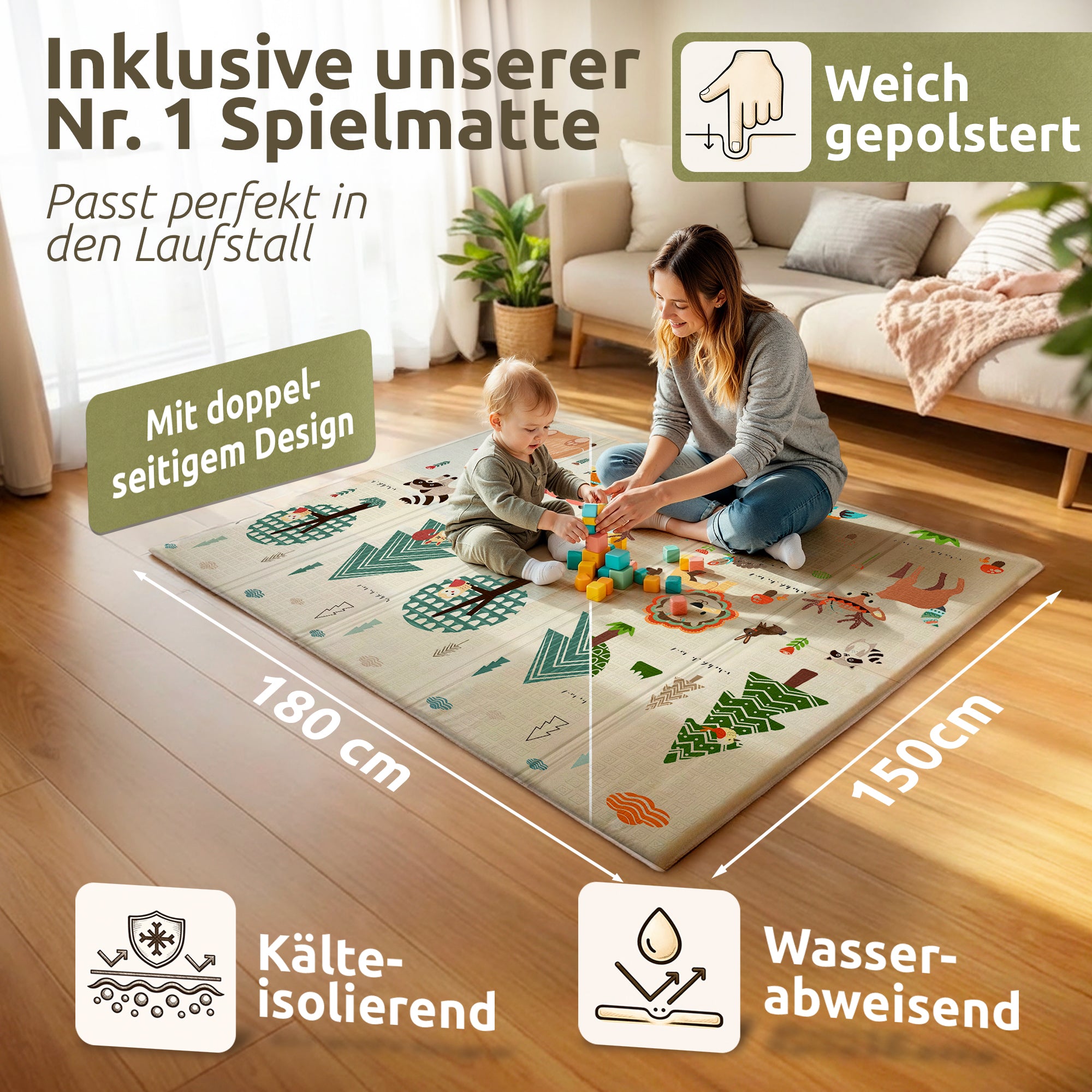 Passgenaue Mallie Spielmatte 150x180 cm fuer den Laufstall