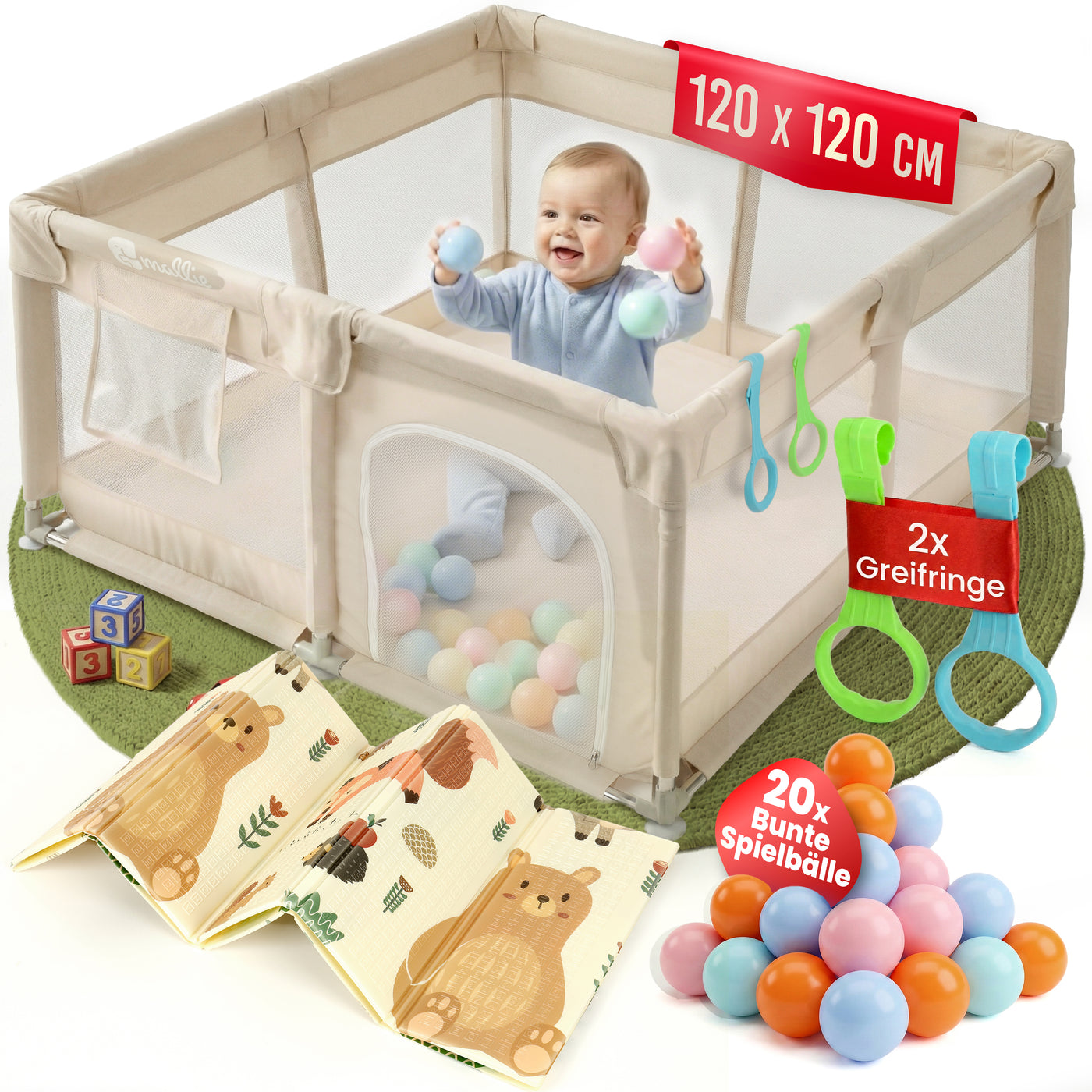 Mallie Laufstall 120x120 cm mit Baby, Greifringen und Spielbaellen