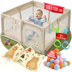 Mallie Laufstall 120×120 cm mit Baby, Greifringen und Spielbällen 