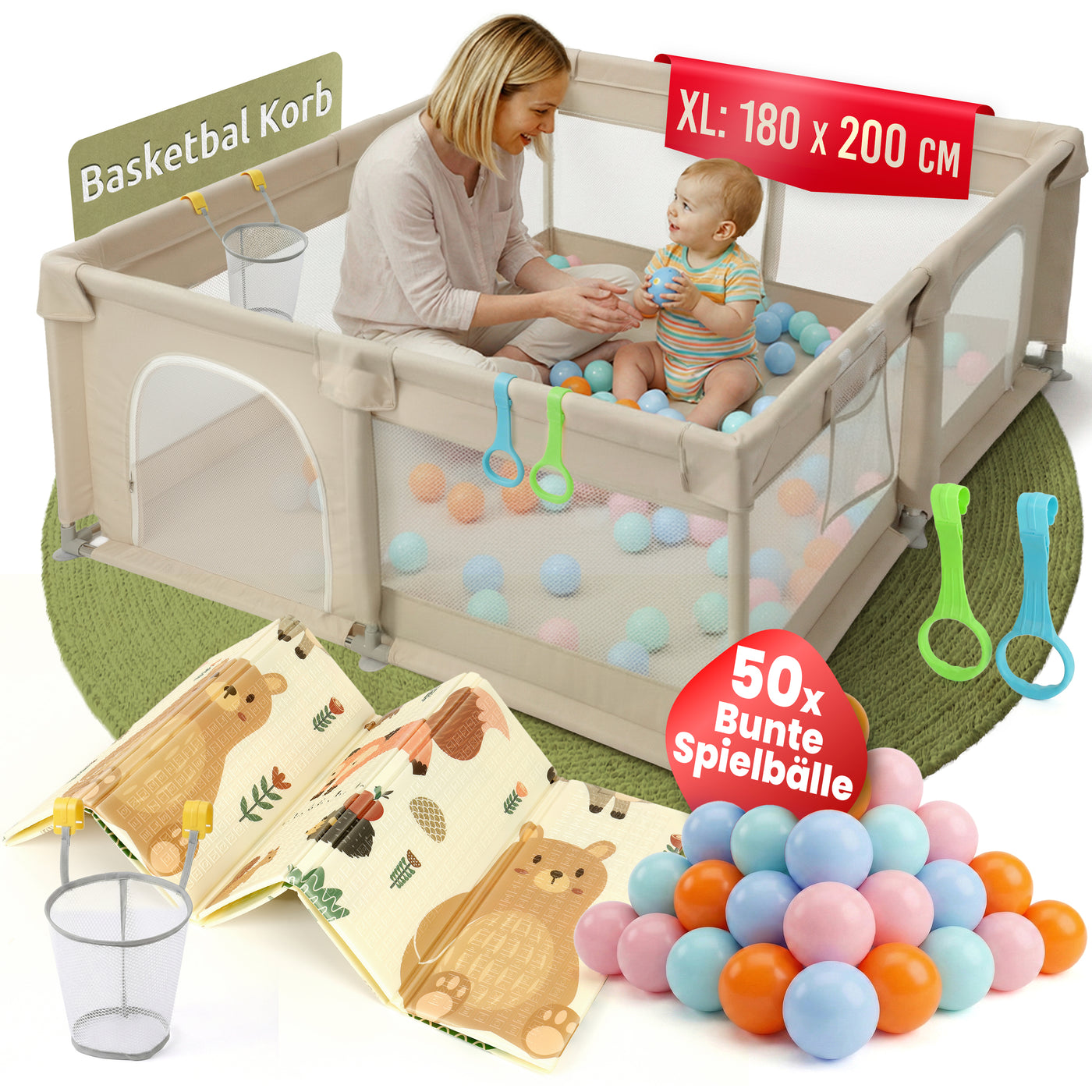 Mallie Laufstall XL 180x200 cm mit Mama, Baby und Spielbaellen